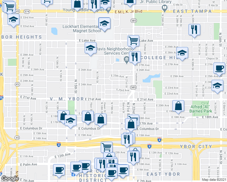 map of restaurants, bars, coffee shops, grocery stores, and more near 1907B East 24th Avenue in Tampa