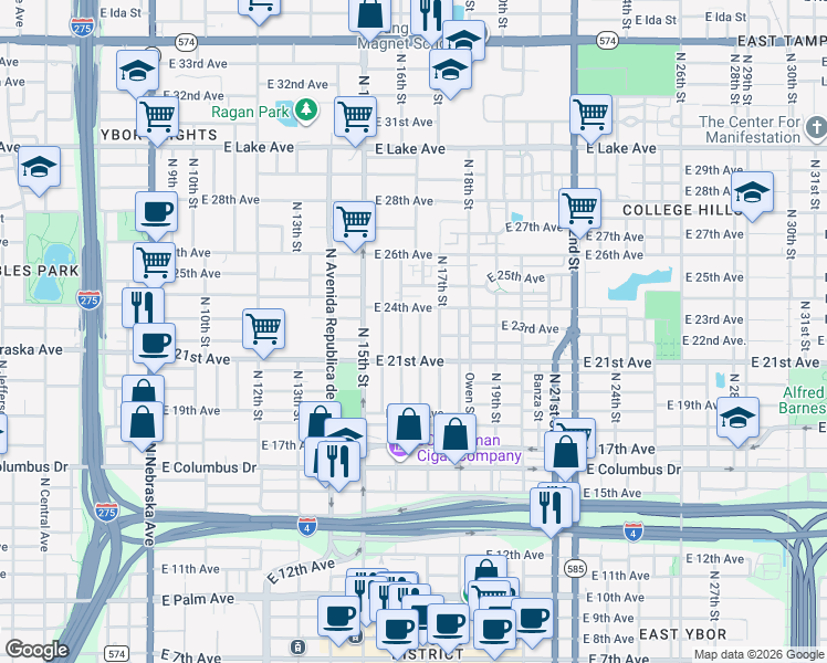 map of restaurants, bars, coffee shops, grocery stores, and more near 3107 North 16th Street in Tampa