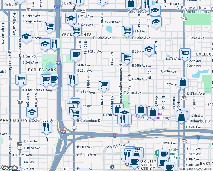 map of restaurants, bars, coffee shops, grocery stores, and more near 1215 East 24th Avenue in Tampa