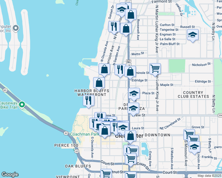 map of restaurants, bars, coffee shops, grocery stores, and more near 625 North Garden Avenue in Clearwater