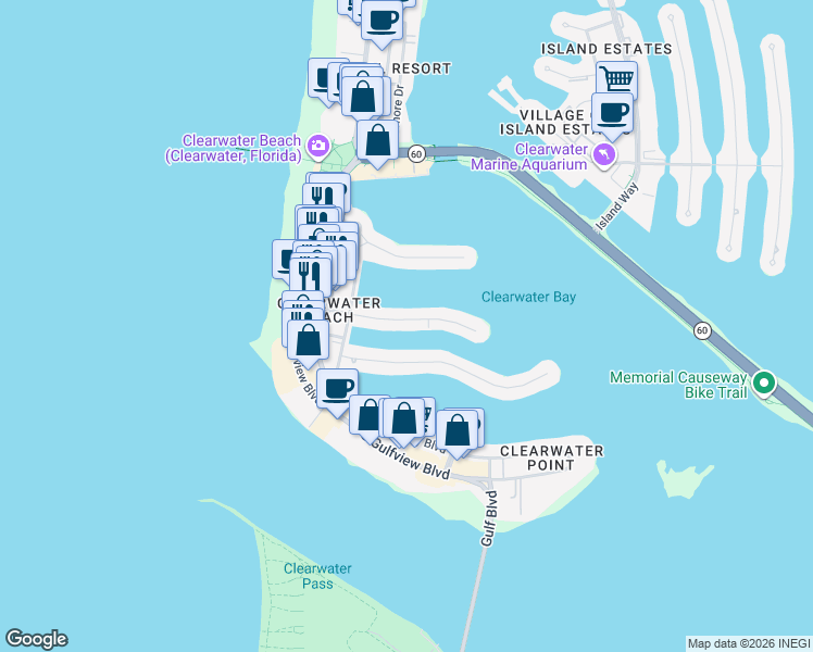 map of restaurants, bars, coffee shops, grocery stores, and more near 140 Brightwater Drive in Clearwater