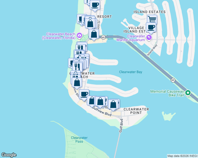 map of restaurants, bars, coffee shops, grocery stores, and more near 140 Brightwater Drive in Clearwater