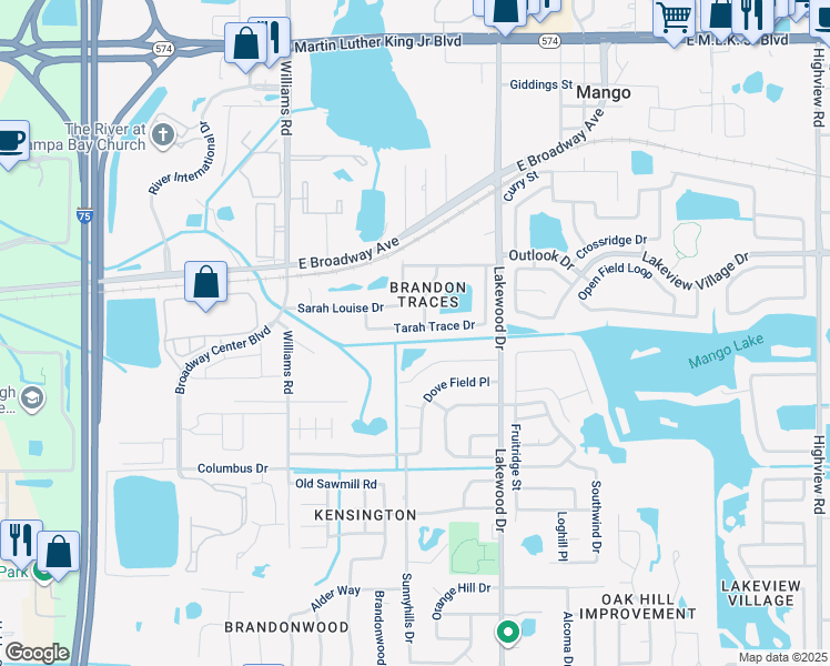 map of restaurants, bars, coffee shops, grocery stores, and more near 1807 Tarah Trace Drive in Brandon