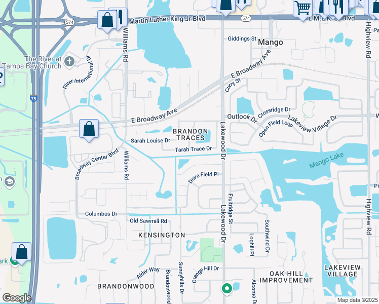 map of restaurants, bars, coffee shops, grocery stores, and more near 1806 Tarah Trace Drive in Brandon