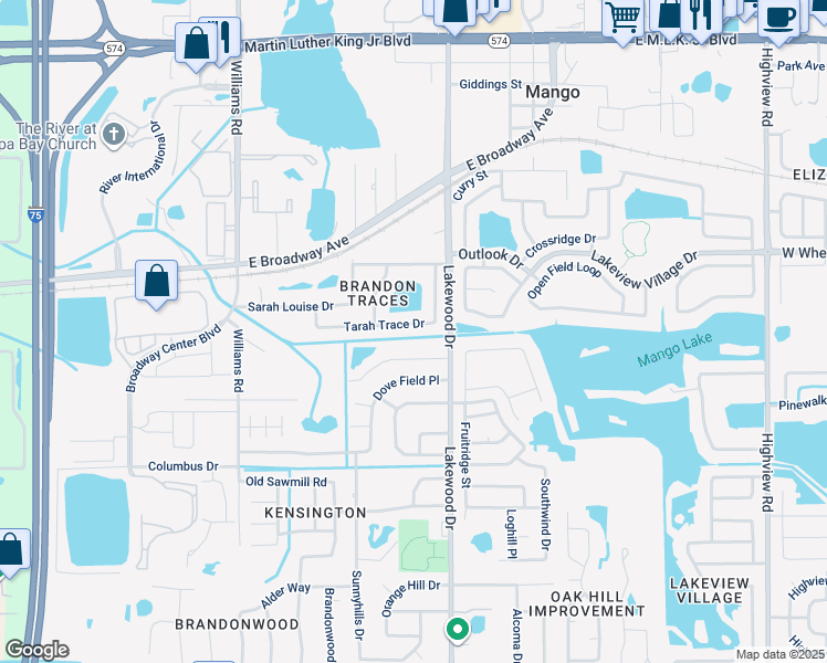 map of restaurants, bars, coffee shops, grocery stores, and more near 1741 Tarah Trace Drive in Brandon