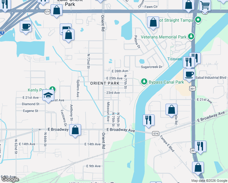 map of restaurants, bars, coffee shops, grocery stores, and more near 7509 New York Drive in Tampa