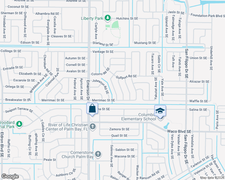 map of restaurants, bars, coffee shops, grocery stores, and more near 1072 Arkansas Avenue Southeast in Palm Bay