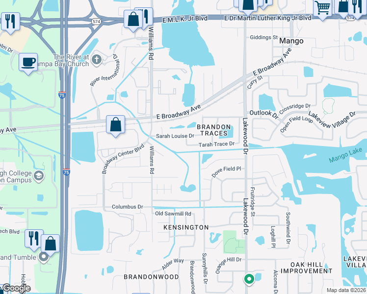 map of restaurants, bars, coffee shops, grocery stores, and more near 2003 Sarah Louise Drive in Brandon