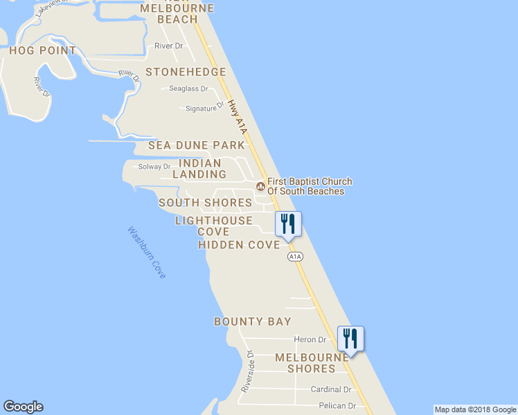 map of restaurants, bars, coffee shops, grocery stores, and more near 5532 Cord Grass Lane in Melbourne Beach