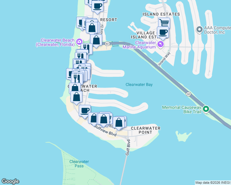 map of restaurants, bars, coffee shops, grocery stores, and more near 181 Brightwater Drive in Clearwater