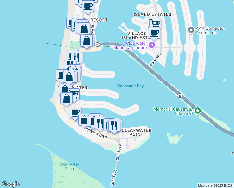 map of restaurants, bars, coffee shops, grocery stores, and more near 210 Brightwater Drive in Clearwater