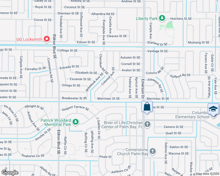 map of restaurants, bars, coffee shops, grocery stores, and more near 679 Airoso Road Southeast in Palm Bay