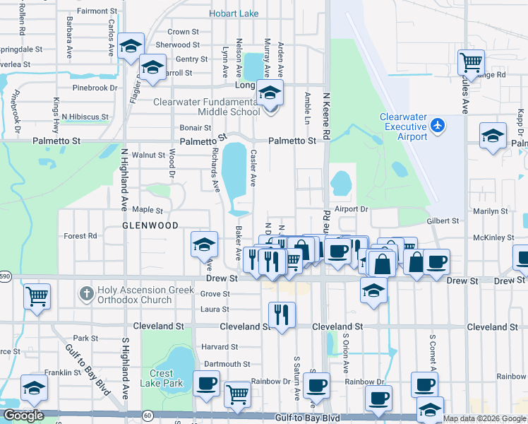 map of restaurants, bars, coffee shops, grocery stores, and more near 518 North Duncan Avenue in Clearwater