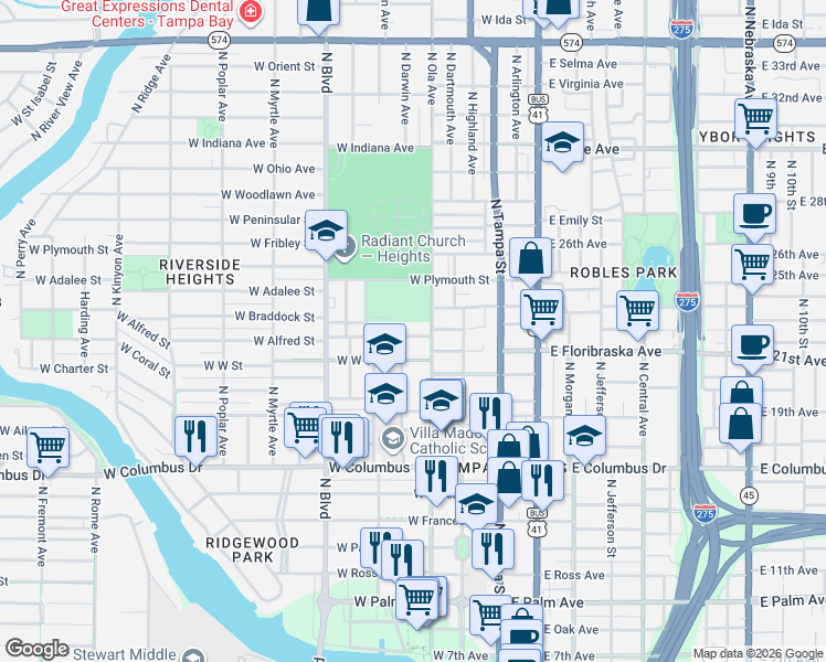 map of restaurants, bars, coffee shops, grocery stores, and more near 3010 North Ola Avenue in Tampa