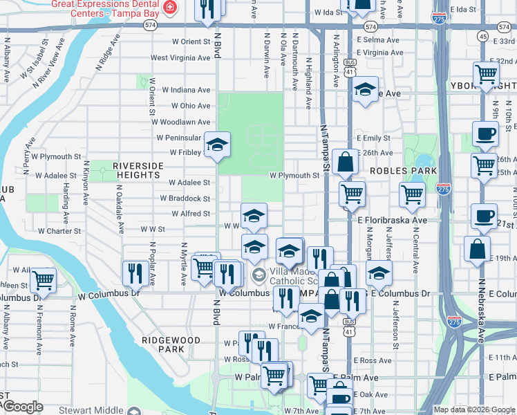 map of restaurants, bars, coffee shops, grocery stores, and more near 319 West Alfred Street in Tampa