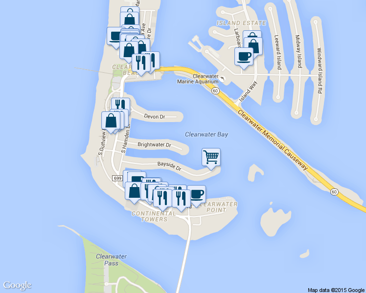 map of restaurants, bars, coffee shops, grocery stores, and more near 210 Brightwater Drive in Clearwater