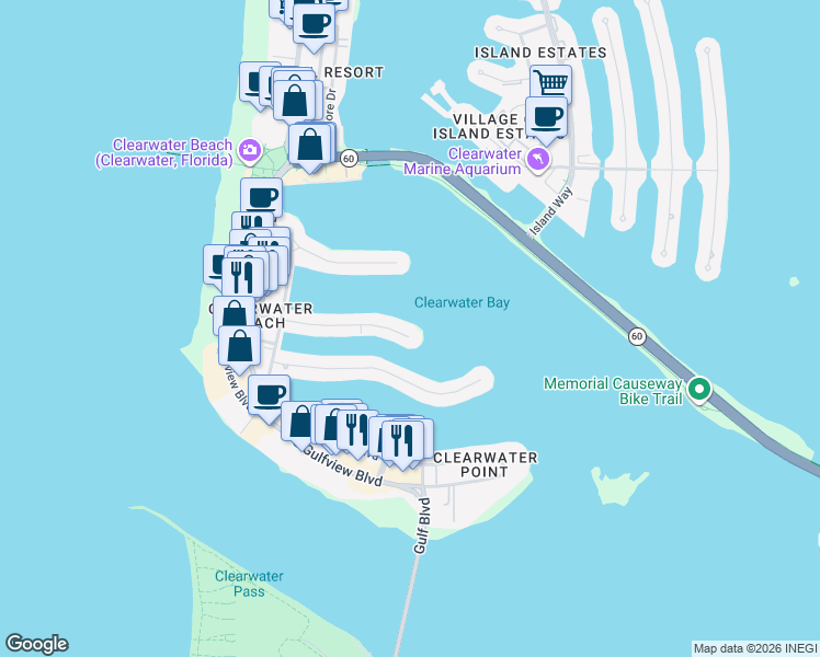 map of restaurants, bars, coffee shops, grocery stores, and more near 210 Brightwater Drive in Clearwater