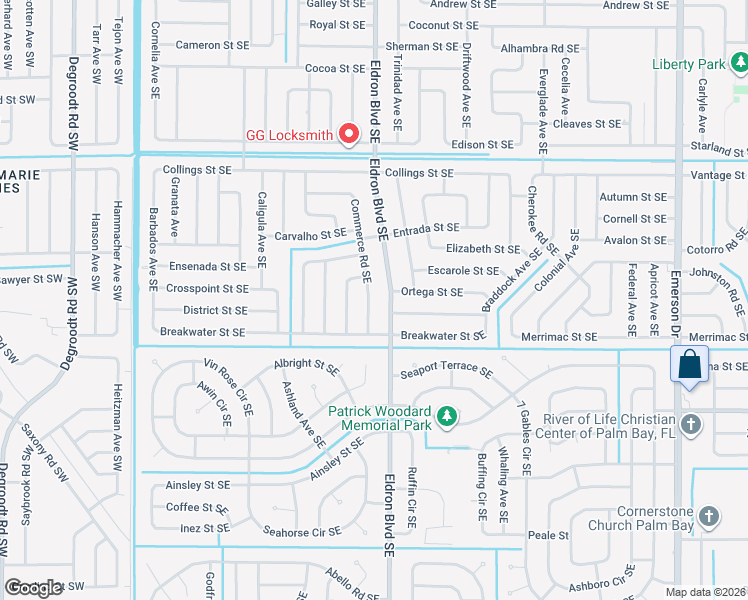 map of restaurants, bars, coffee shops, grocery stores, and more near 1080 Eldron Boulevard Southeast in Palm Bay