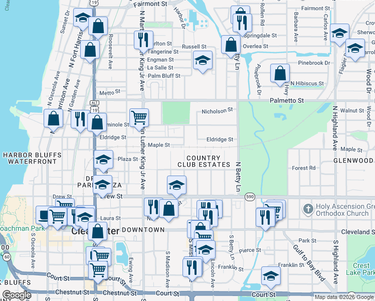 map of restaurants, bars, coffee shops, grocery stores, and more near 515 North Missouri Avenue in Clearwater