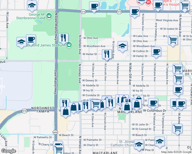 map of restaurants, bars, coffee shops, grocery stores, and more near 3320 West Leroy Street in Tampa
