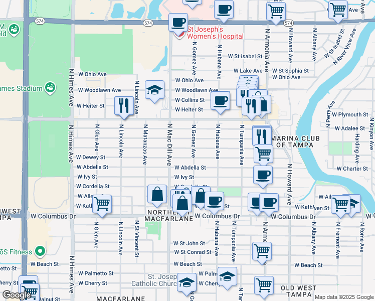map of restaurants, bars, coffee shops, grocery stores, and more near in Tampa