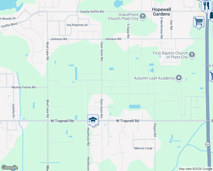 map of restaurants, bars, coffee shops, grocery stores, and more near 3406 Sam Astin Road in Plant City