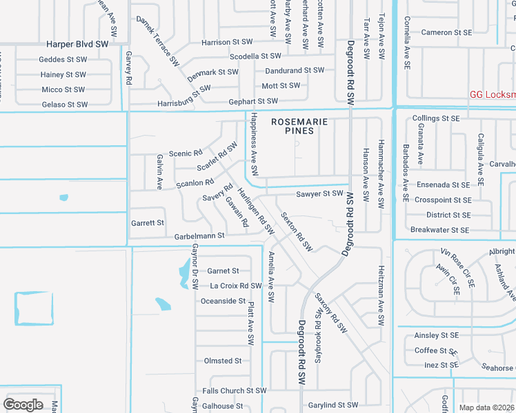 map of restaurants, bars, coffee shops, grocery stores, and more near 1113 Harlingen Road Southwest in Palm Bay