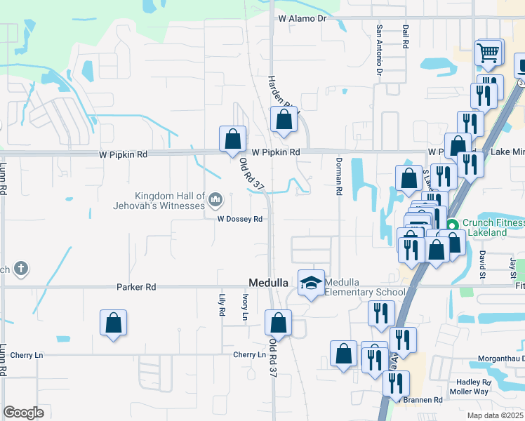 map of restaurants, bars, coffee shops, grocery stores, and more near 5135 Old Road 37 in Lakeland