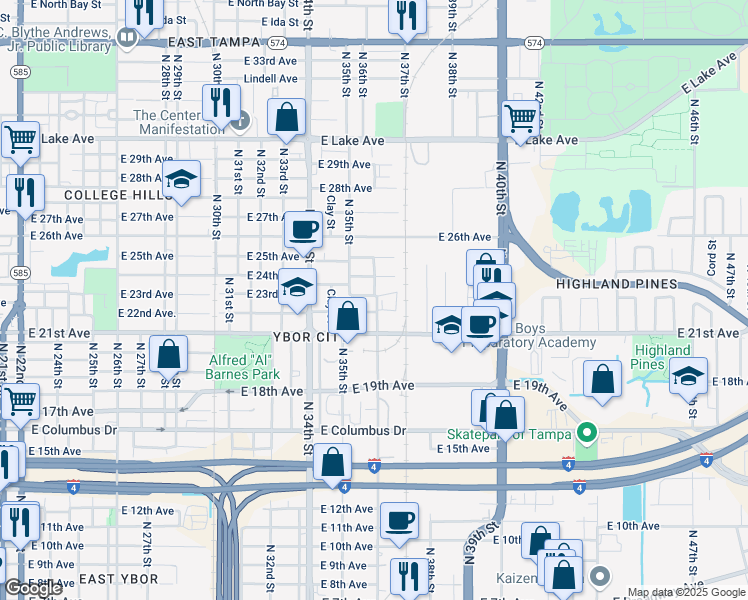 map of restaurants, bars, coffee shops, grocery stores, and more near 3608 East 23rd Avenue in Tampa