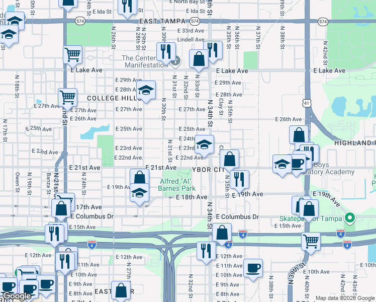 map of restaurants, bars, coffee shops, grocery stores, and more near 3112 East 23rd Avenue in Tampa