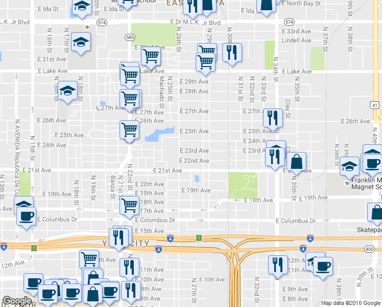 map of restaurants, bars, coffee shops, grocery stores, and more near 2614 East 23rd Avenue in Tampa