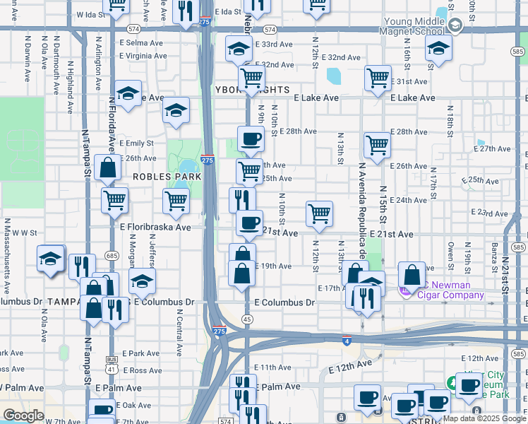 map of restaurants, bars, coffee shops, grocery stores, and more near 906 East 23rd Avenue in Tampa