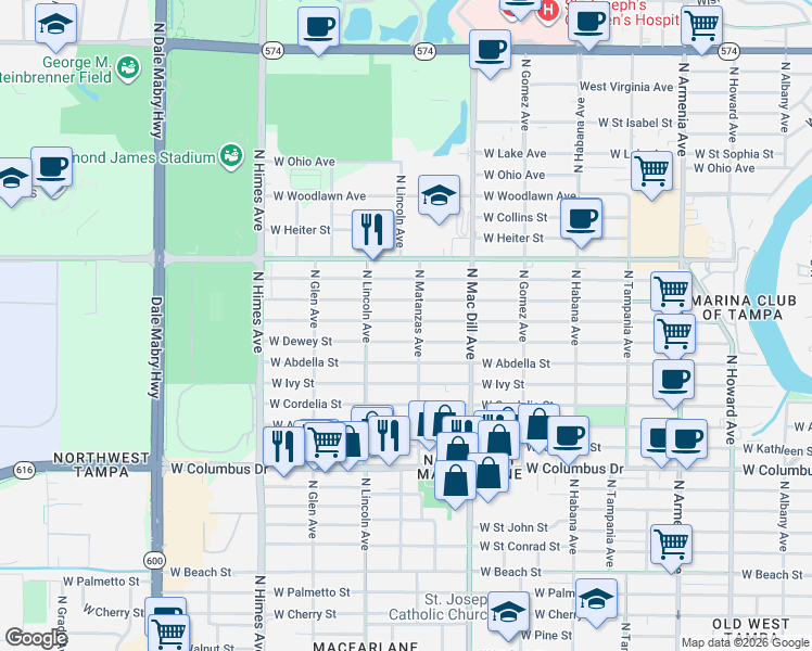 map of restaurants, bars, coffee shops, grocery stores, and more near 3702 N Matanzas Ave in Tampa