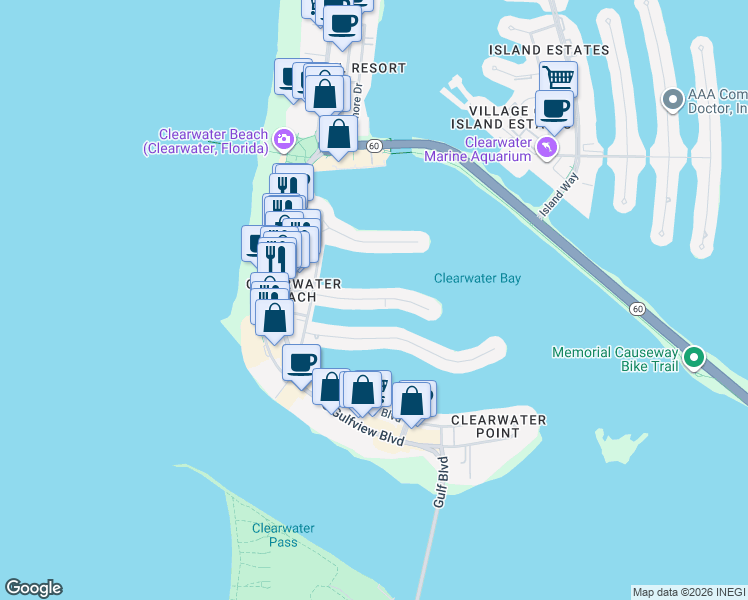 map of restaurants, bars, coffee shops, grocery stores, and more near 140 Brightwater Drive in Clearwater