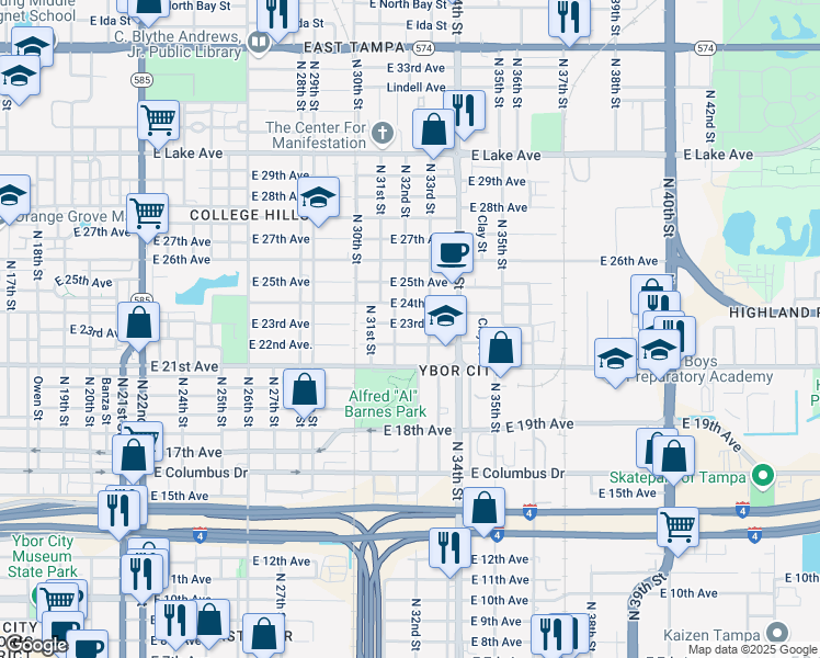 map of restaurants, bars, coffee shops, grocery stores, and more near 3112 East 23rd Avenue in Tampa