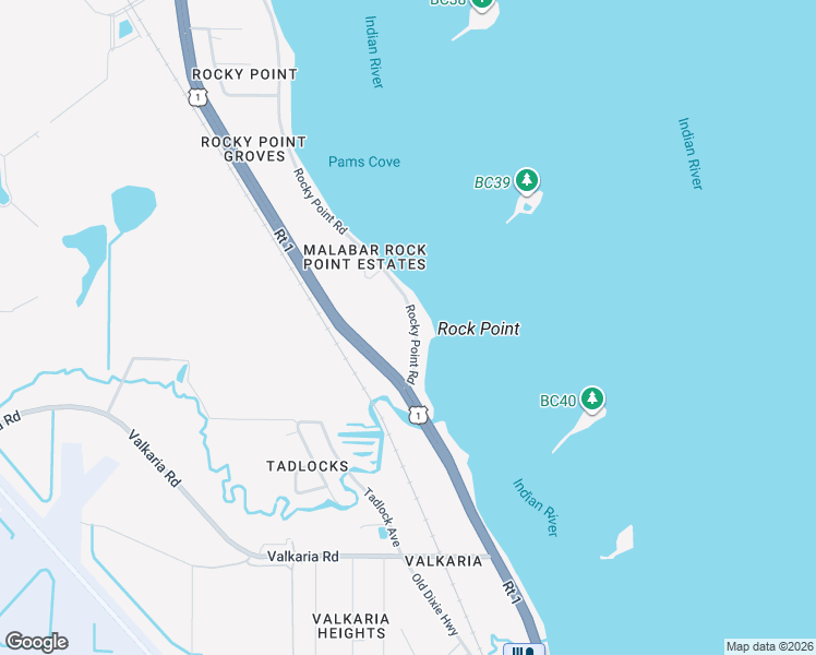 map of restaurants, bars, coffee shops, grocery stores, and more near 3020 Rocky Point Road in Malabar