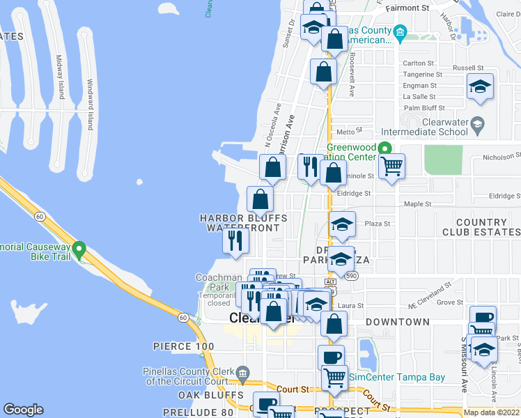 map of restaurants, bars, coffee shops, grocery stores, and more near 602 North Fort Harrison Avenue in Clearwater