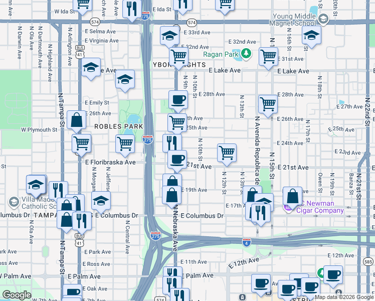 map of restaurants, bars, coffee shops, grocery stores, and more near 906 East 23rd Avenue in Tampa