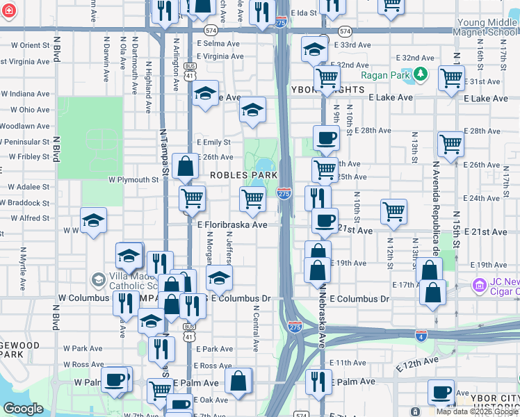 map of restaurants, bars, coffee shops, grocery stores, and more near 502 East Hugh Street in Tampa
