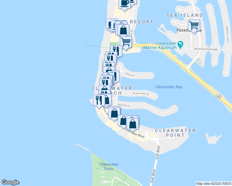 map of restaurants, bars, coffee shops, grocery stores, and more near 114 Brightwater Drive in Clearwater