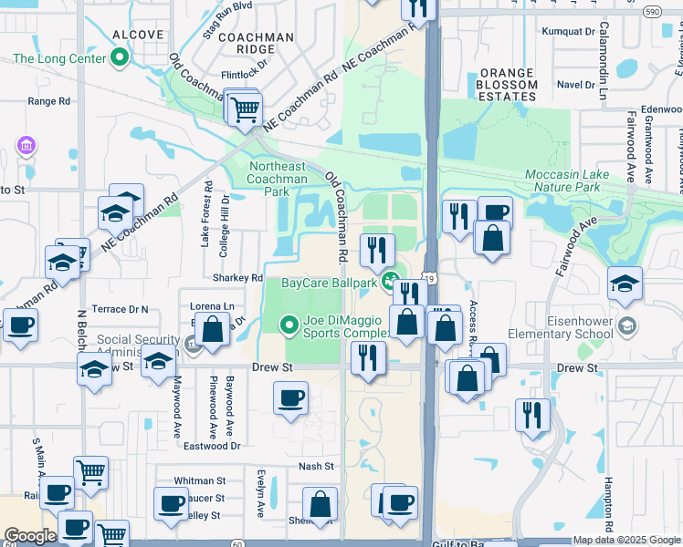 map of restaurants, bars, coffee shops, grocery stores, and more near 602 Old Coachman Road in Clearwater