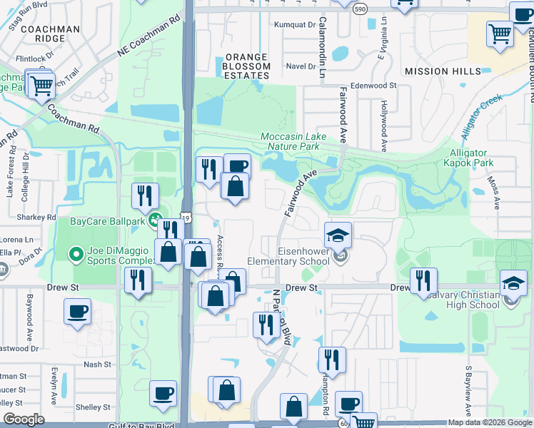map of restaurants, bars, coffee shops, grocery stores, and more near 669 Fairwood Forest Drive in Clearwater