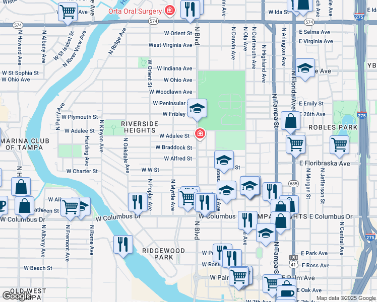 map of restaurants, bars, coffee shops, grocery stores, and more near 704 West Braddock Street in Tampa