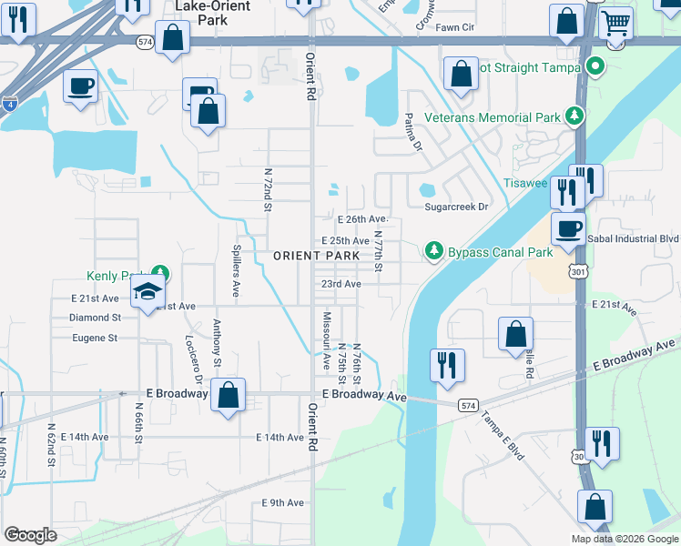 map of restaurants, bars, coffee shops, grocery stores, and more near 7509 New York Drive in Tampa
