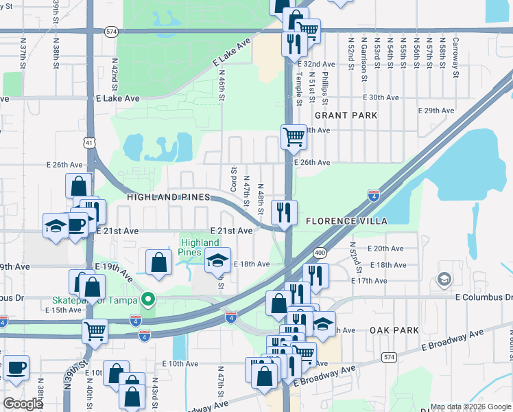 map of restaurants, bars, coffee shops, grocery stores, and more near 3207 North 47th Street in Tampa