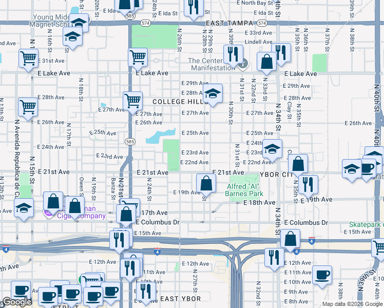 map of restaurants, bars, coffee shops, grocery stores, and more near 2614 East 23rd Avenue in Tampa