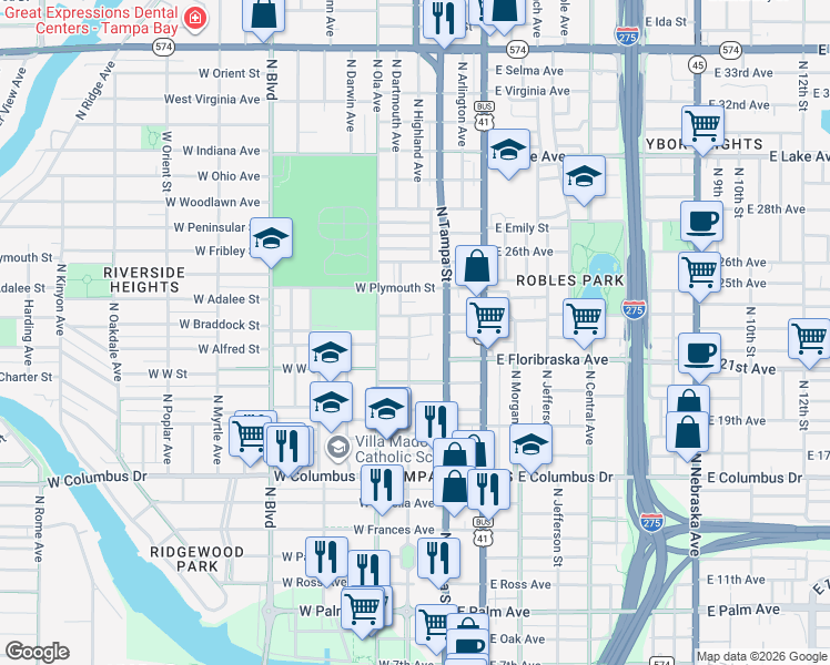 map of restaurants, bars, coffee shops, grocery stores, and more near 3010 North Highland Avenue in Tampa