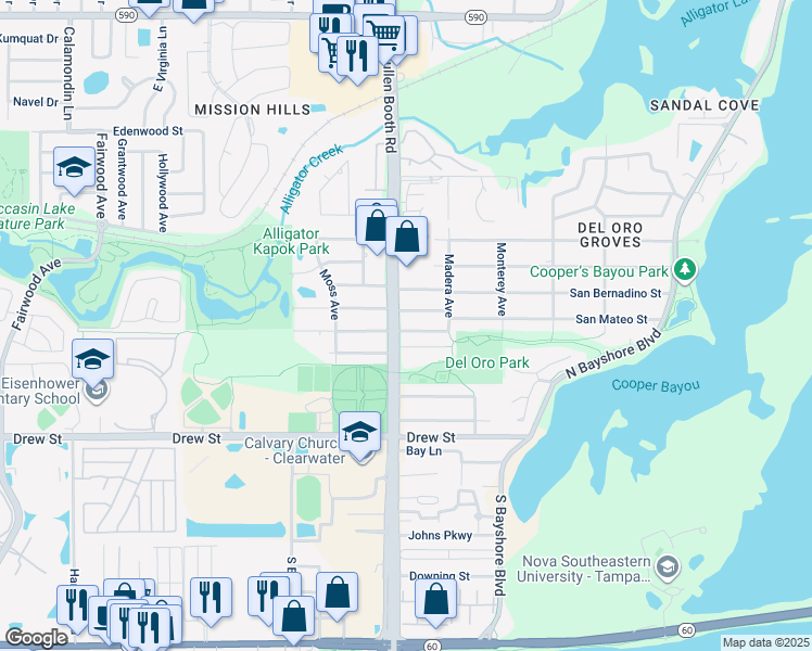 map of restaurants, bars, coffee shops, grocery stores, and more near 607 McMullen Booth Road in Clearwater