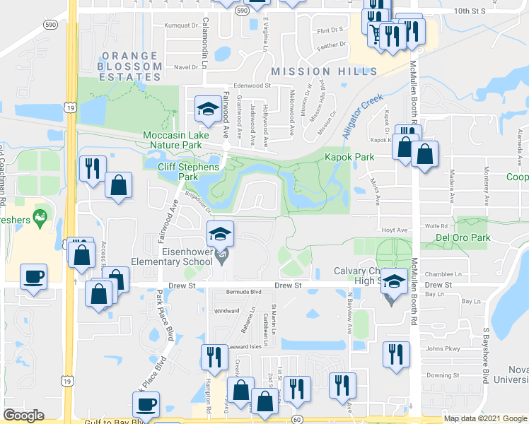 map of restaurants, bars, coffee shops, grocery stores, and more near 3402 Brigadoon Drive in Clearwater