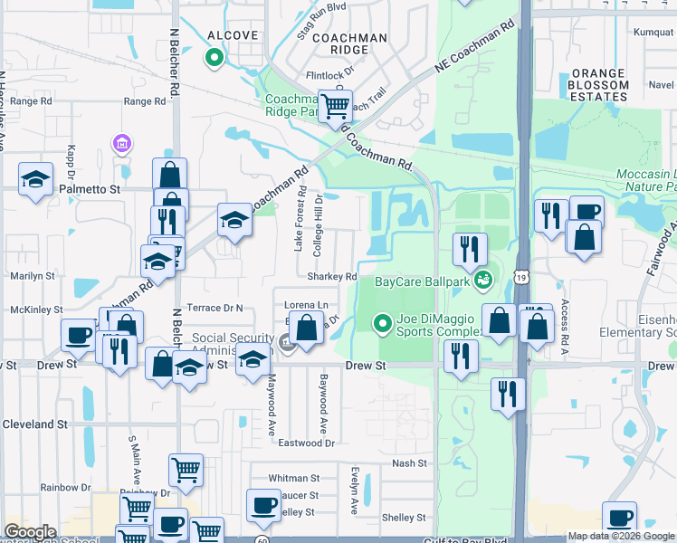 map of restaurants, bars, coffee shops, grocery stores, and more near 615 Ruskin Road in Clearwater